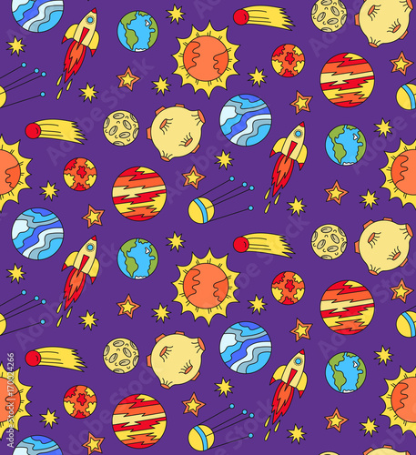 Outer space doodle icons seamless vector pattern