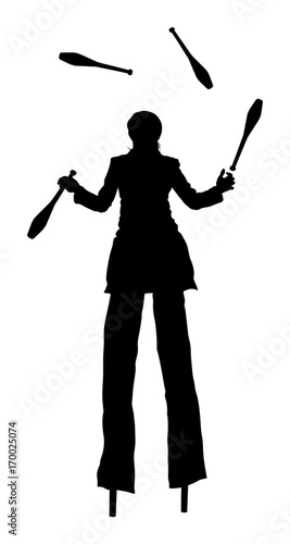 Clown on stilts vector silhouette isolated on white background. Street actor illustration. Juggler woman artist vector, Juggling  play with pins. Clown in circus jugging performs skill. Funny game.