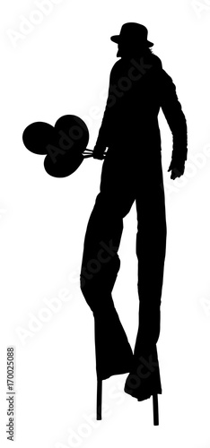 Clown on stilts with balloon vector silhouette isolated on white background. Street actor illustration.