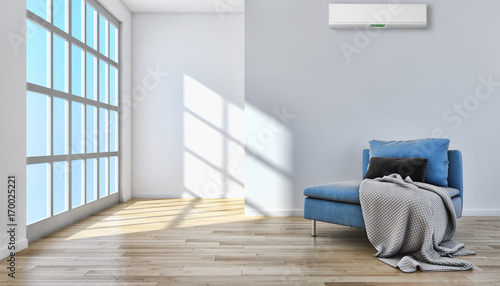 Modern bright living room with air conditioning, white wall. 3D rendering