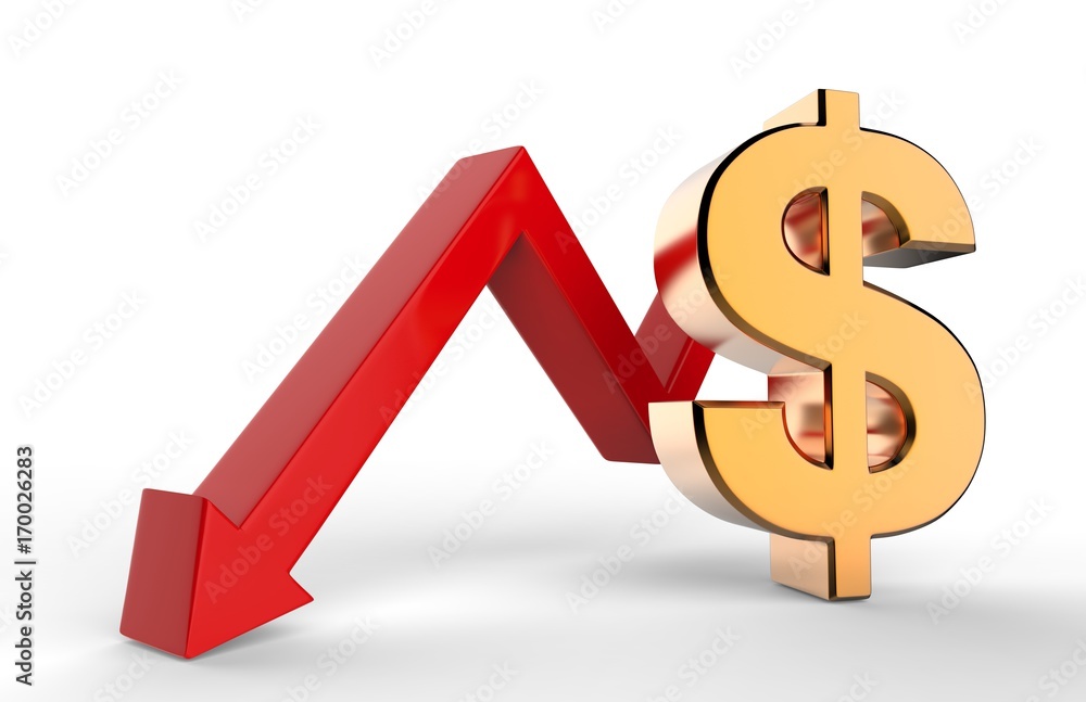 Downward growth arrow with 3d dollar symbol sign. Economic recession concept. 3d illustration. Downward growth arrow with 3d dollar symbol sign. Economic recession concept. 3d illustration.