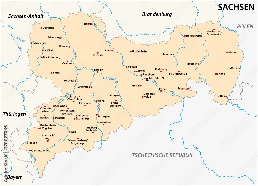 Map of the state Saxony with the most important cities in german language