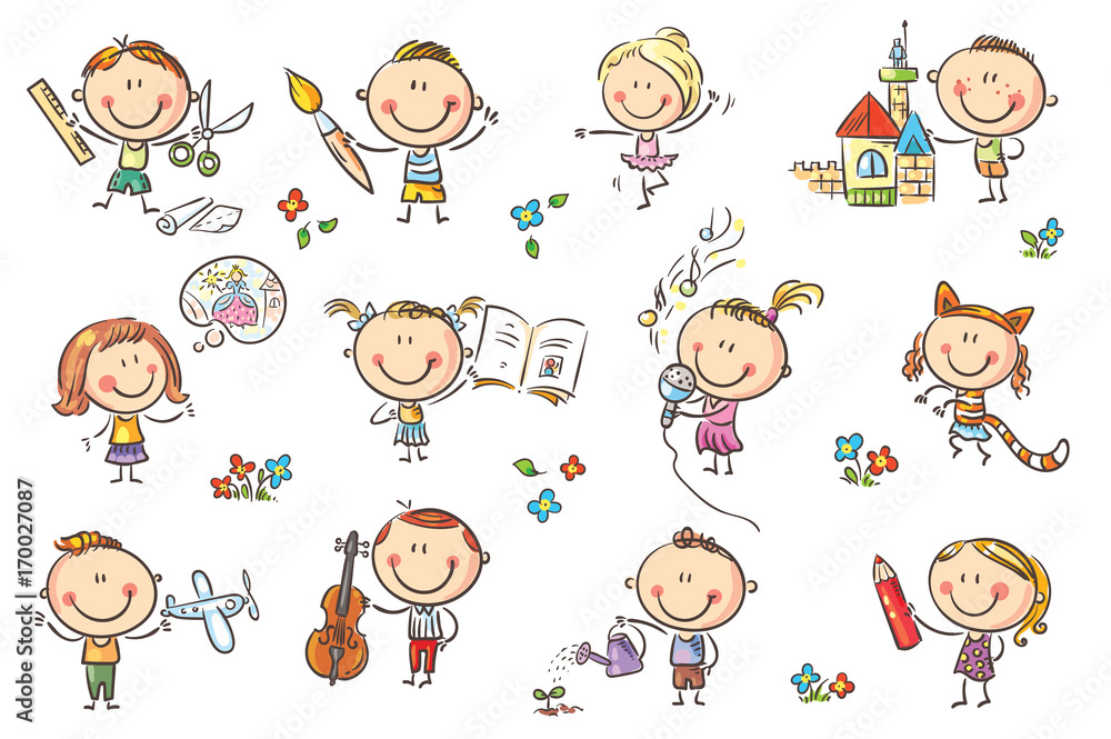 Funny cartoon kids engaged in different creative activities like drawing,  singing, modelling and so on. No gradients used, easy to print and edit.  Vector files can be scaled to any size. Stock
