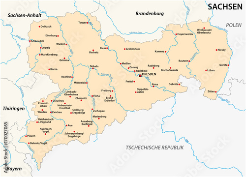 Map of the state Saxony with the most important cities in german language