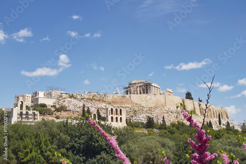 Athens Greece, ancient temple on acropolis hill, view from the south