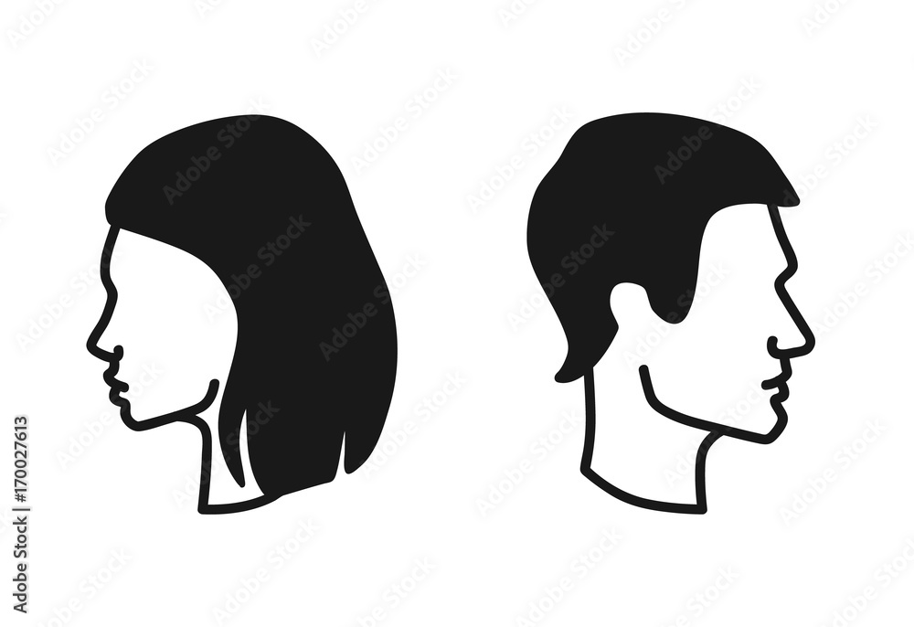 Vector isolated man and woman heads in profile. Icon of male and female faces Vector isolated man and woman heads in profile. Icon of male and female faces