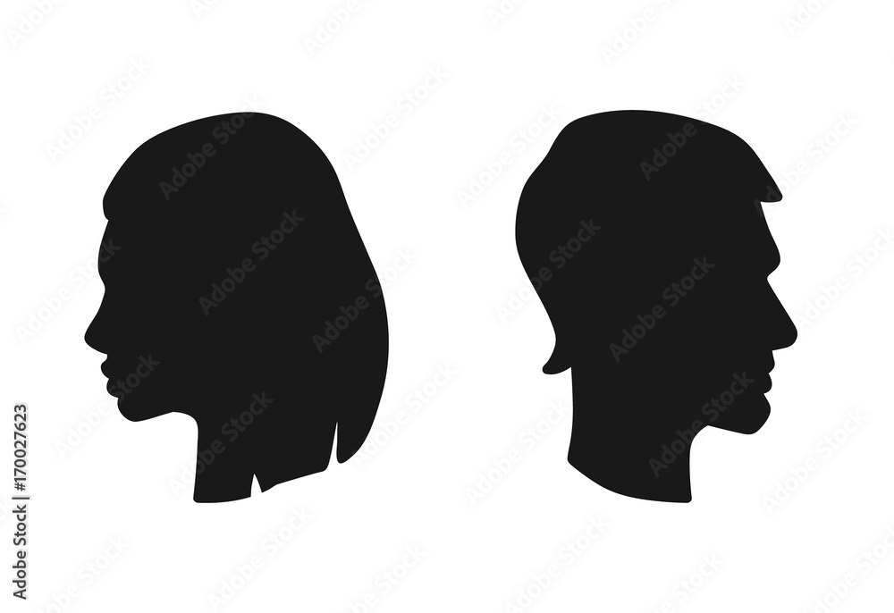 Vector isolated man and woman heads in profile. Silhouette icon of male and female faces