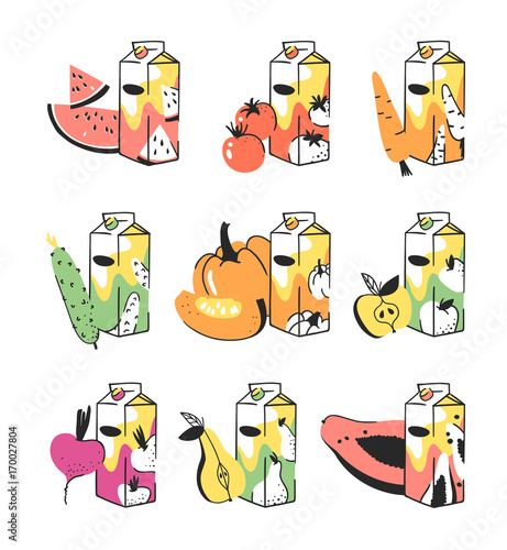 Hand drawn summer set of fruits, vegetables and juice pack. Vector artistic illustration watermelon, tomato, carrot, cucumber, pumpkin, apple, beetroot, pear, papaya drinks