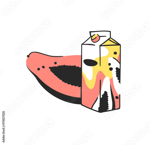 Hand drawn summer set of papaya and juice pack. Vector artistic illustration drinks and fruit