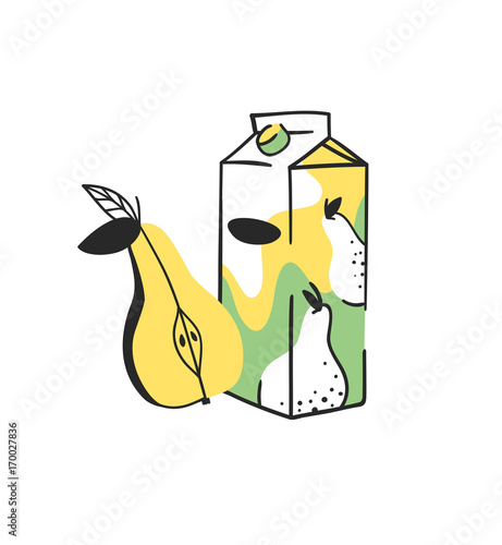 Hand drawn summer set of pear and juice pack. Vector artistic illustration drinks and fruit