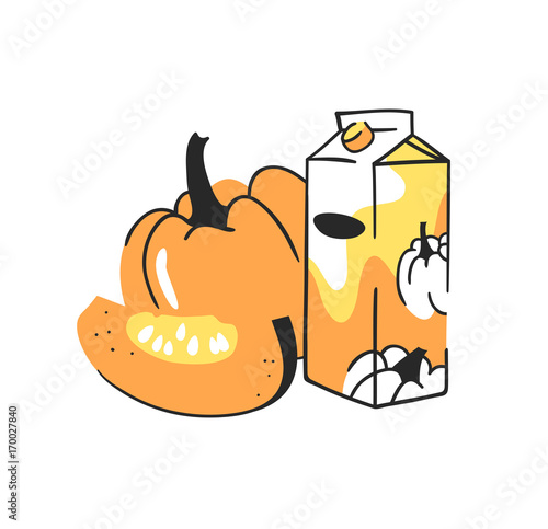 Hand drawn summer set of pumpkin and juice pack. Vector artistic illustration drinks and vegetable