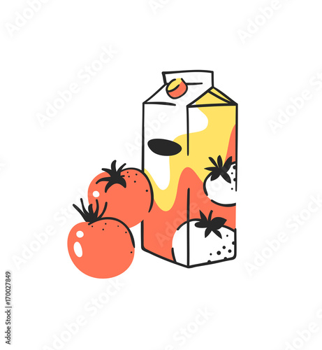 Hand drawn summer set of tomato and juice pack. Vector artistic illustration drinks and vegetable