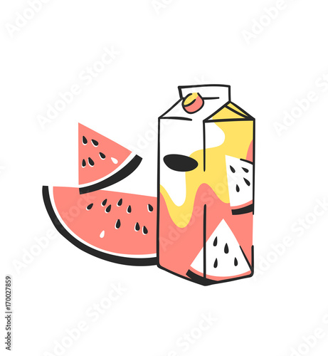 Hand drawn summer set of juice pack and watermelon. Vector artistic illustration drinks and fruit
