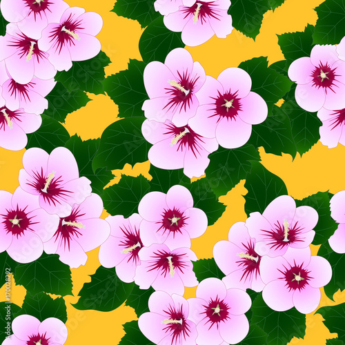 Pink Hibiscus syriacus - Rose of Sharon on Yellow Background. Vector Illustration photo