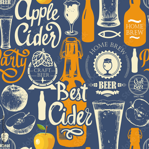 Pattern with beer, cider and apple in sketch style. Seamless background for Pub menu. Vector illustration: labels, bottle, glass brush calligraphy elements. Handwritten ink lettering.