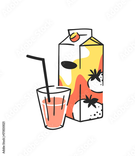 Hand drawn summer set of juice pack and glass. Vector artistic illustration tomato drinks
