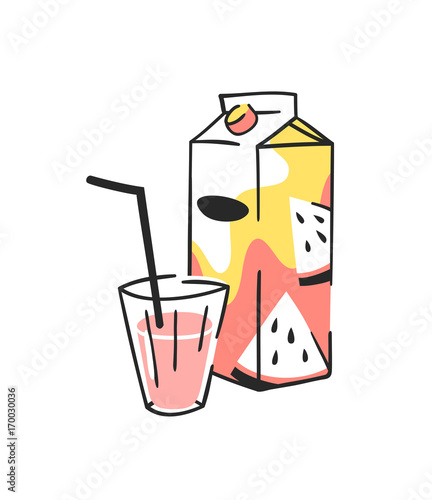 Hand drawn summer set of juice pack and glass. Vector artistic illustration watermelon drinks