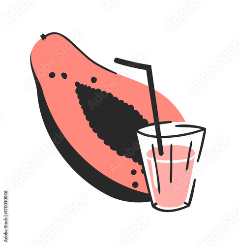 Hand drawn summer set of papaya, juice and glass. Vector artistic illustration drinks and fruit