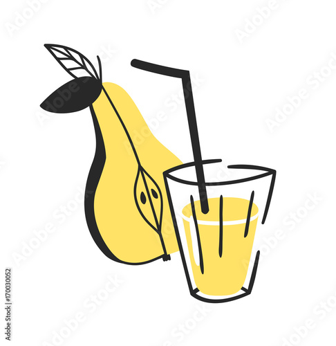 Hand drawn summer set of pear, juice and glass. Vector artistic illustration drinks and fruit