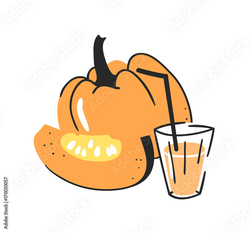 Hand drawn summer set of pumpkin, juice and glass. Vector artistic illustration drinks and vegetable