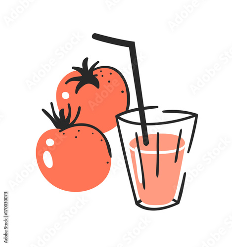 Hand drawn summer set of tomato, juice and glass. Vector artistic illustration drinks and vegetable
