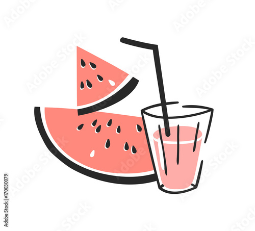Hand drawn summer set of watermelon, juice and glass. Vector artistic illustration drinks and fruit