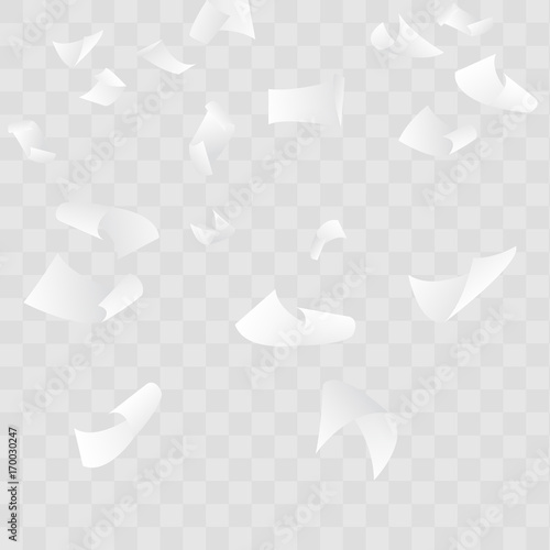Falling paper sheets halftone background. White documents over transparent layout