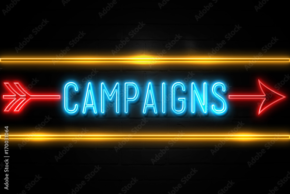 Campaigns - fluorescent Neon Sign on brickwall Front view Campaigns - fluorescent Neon Sign on brickwall Front view