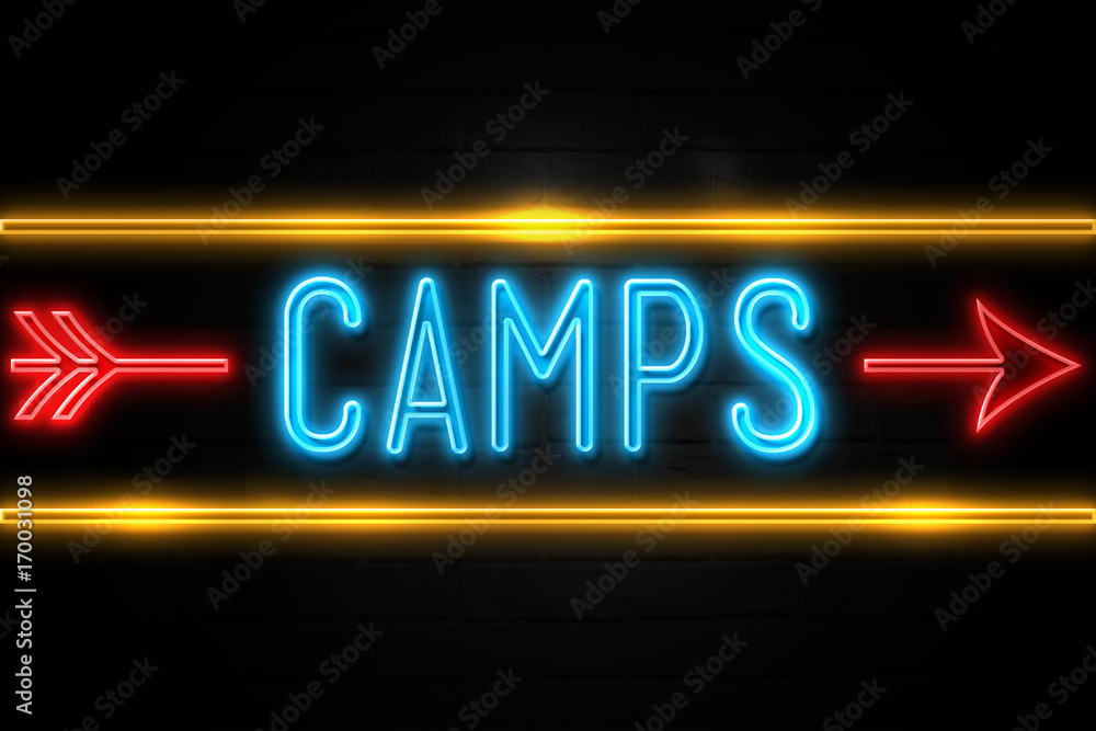 Camps  - fluorescent Neon Sign on brickwall Front view