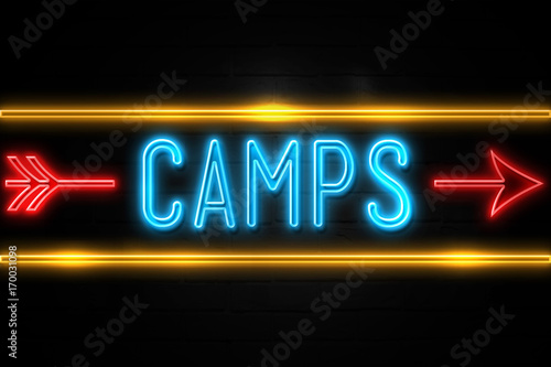 Camps - fluorescent Neon Sign on brickwall Front view