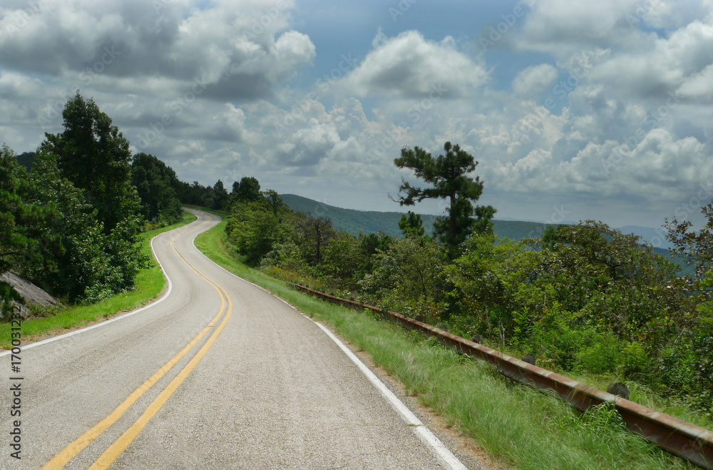 Curving roads in Oklahoma, southeastern region in the Ouachita Mountains, scenic vistas along the byway that follows the ridge of mountains from west to east.