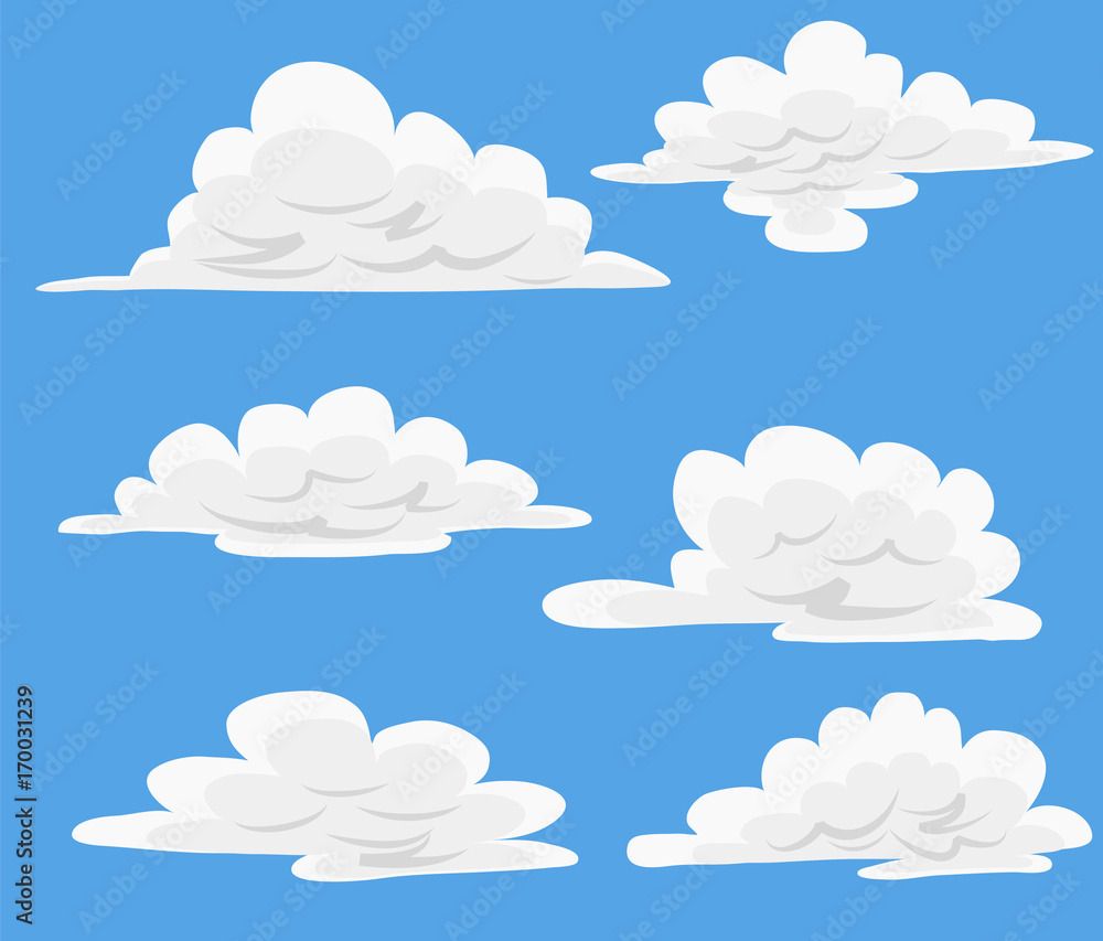 Vector cartoon clouds in blue sky. Set of white clouds, heaven with fluffy cloid illustration