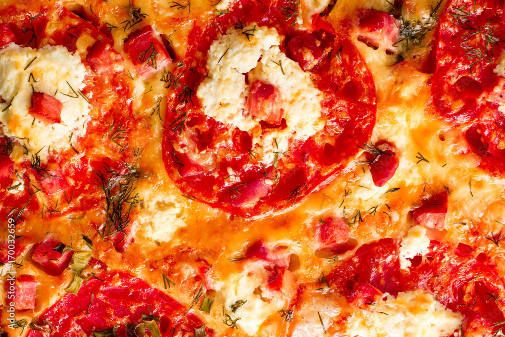 Pizza with ham, cheese, tomatoes texture Pizza with ham, cheese, tomatoes texture