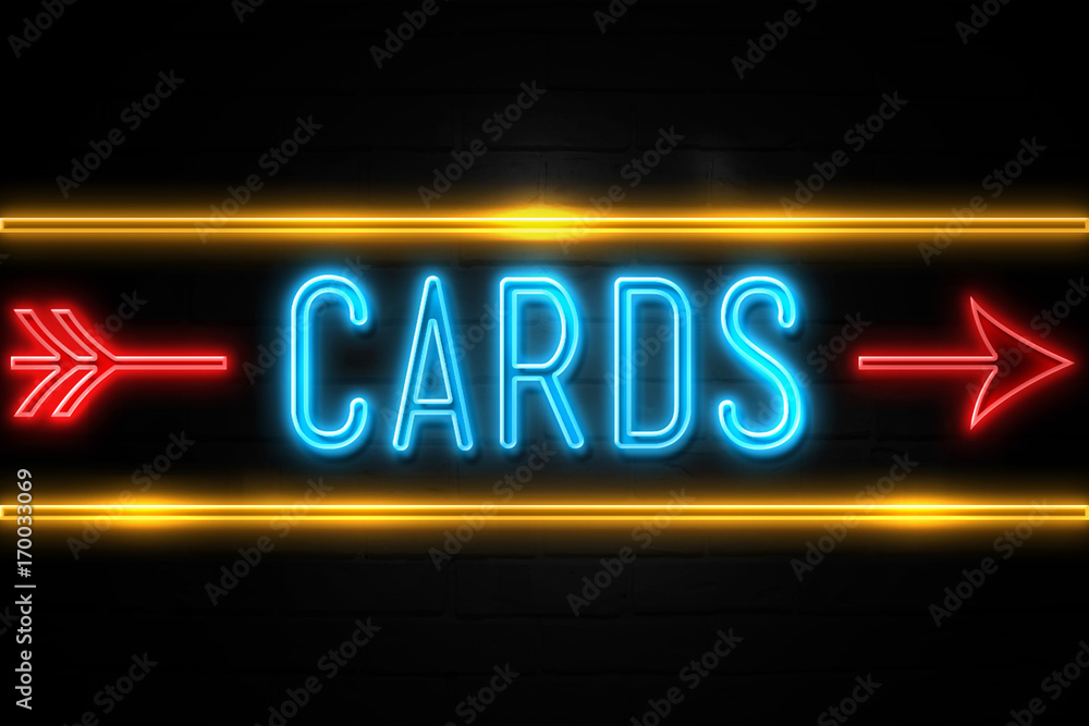 Cards - fluorescent Neon Sign on brickwall Front view Cards - fluorescent Neon Sign on brickwall Front view