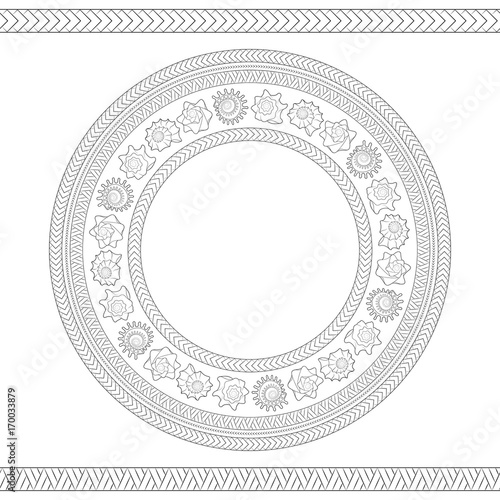 Seamless pattern with shells and Polynesian patterns. Vector black and white round illustration. photo