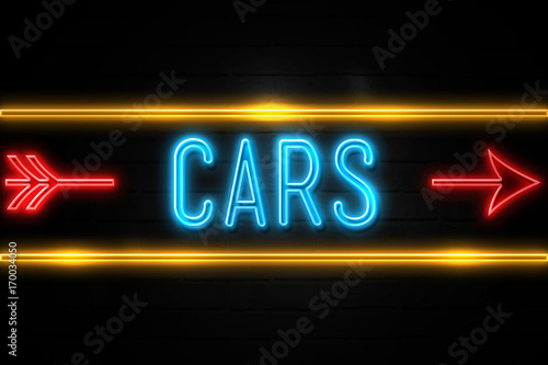 Cars - fluorescent Neon Sign on brickwall Front view