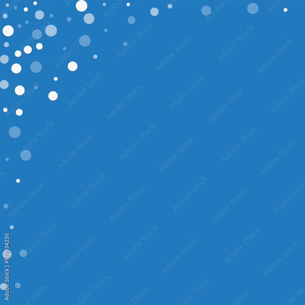 Falling white dots. Abstract left top corner with falling white dots on blue background. Vector illustration. Falling white dots. Abstract left top corner with falling white dots on blue background. Vector illustration.