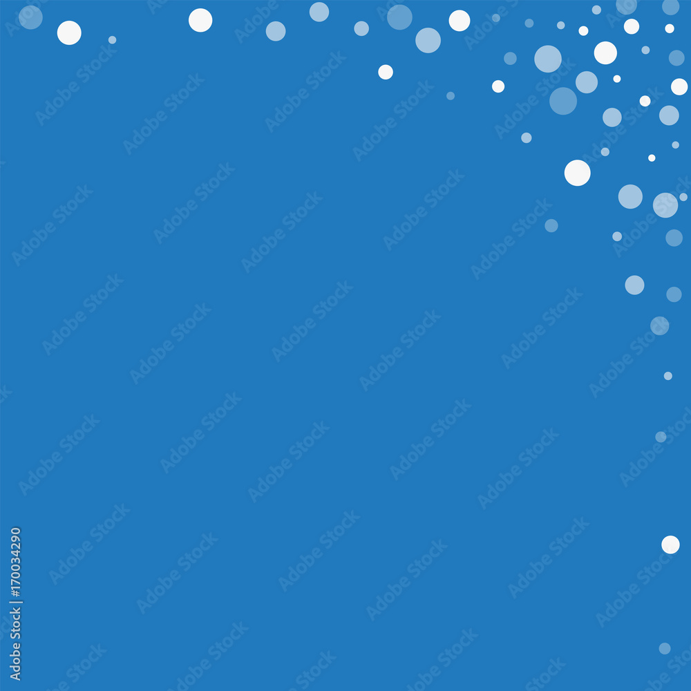 Falling white dots. Abstract right top corner with falling white dots on blue background. Vector illustration.