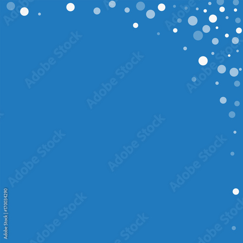 Falling white dots. Abstract right top corner with falling white dots on blue background. Vector illustration.