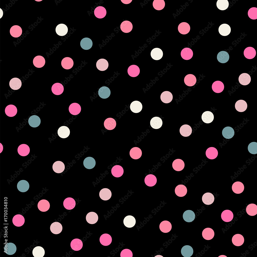 Colorful polka dots seamless pattern on black 8 background. Stunning classic colorful polka dots textile pattern. Seamless scattered confetti fall chaotic decor. Abstract vector illustration. Colorful polka dots seamless pattern on black 8 background. Stunning classic colorful polka dots textile pattern. Seamless scattered confetti fall chaotic decor. Abstract vector illustration.