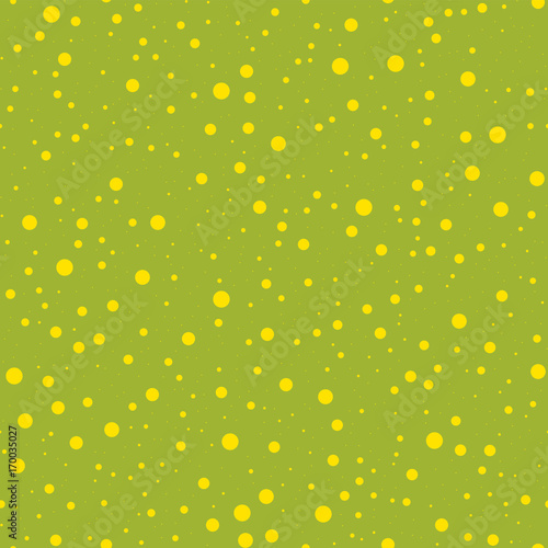 Yellow polka dots seamless pattern on green background. Splendid classic yellow polka dots textile pattern in restrained colours. Seamless scattered confetti fall chaotic decor. Vector illustration.