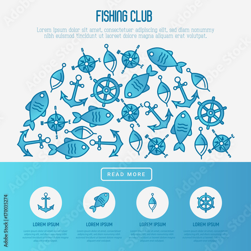 Fishing club concept in half circle with fish, bobber and anchor. Marine background with thin line icons. Template for design banners, postcard, invitation.