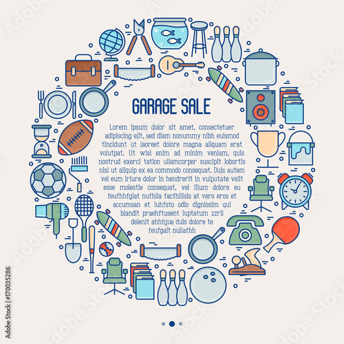Garage sale or flea market concept in circle with place for text. Thin line vector illustration for banner, web page, print media.