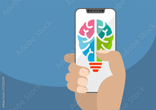 Symbol combining light bulb and brain displayed on frameless touchscreen. Hand holding modern bezel free smartphone. Concept for ideation, innovation and creativity. Illustration using flat design. photo
