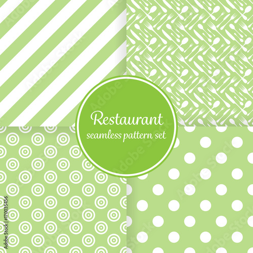 Restaurant or bistro theme. Lush green stripes, dots, cutlery and other shapes. Seamless vector pattern background set.
