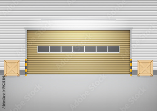Roller door or roller shutter. Also called security door or security shutter. For protect residential, commercial and industrial building i.e. house, factory, warehouse, hangar. Vector illustration.