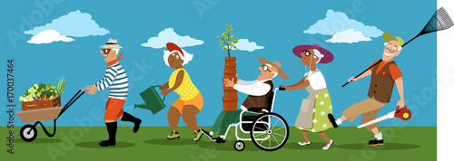 Diverse group of active senior citizens with gardening tools, pots, plants and produce, EPS 8 vector illustration, no transparencies 