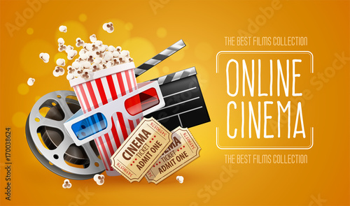 Online cinema art movie watching with popcorn, 3d glasses