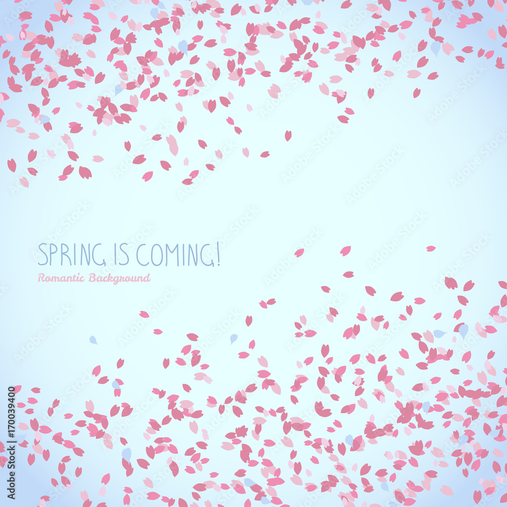 Text card made from falling sakura petals. Spring is coming. Scatter. Floral background with copy space. Cherry blossom viewing. Spring poster. Hanami. Japanese Culture. Text frame.