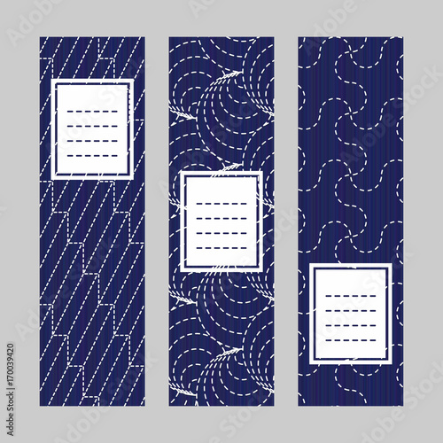 Sashiko banner set. Abstract texture. Traditional Japanese Embroidery Ornament. Set of vertical flyers. Indigo and white colors. Simple design for invitation, postcard or bookmark.